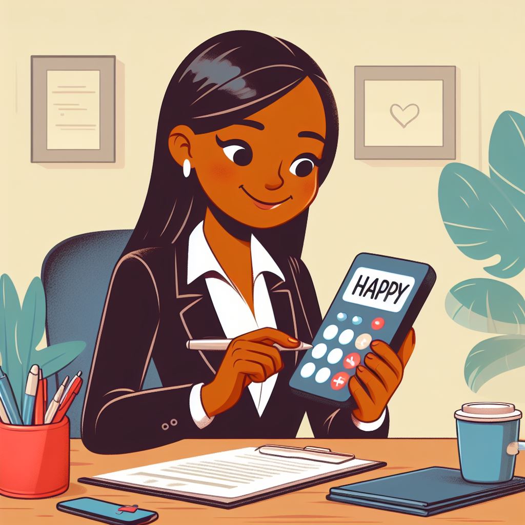 Image for employee engagement ROI calculator - Woman holding a calculator that says Happy on it