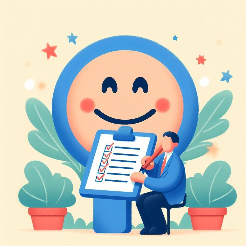 Hero image for the staff wellbeing questionnaire blog. Shows a smiley face and a person filling in a survey.
