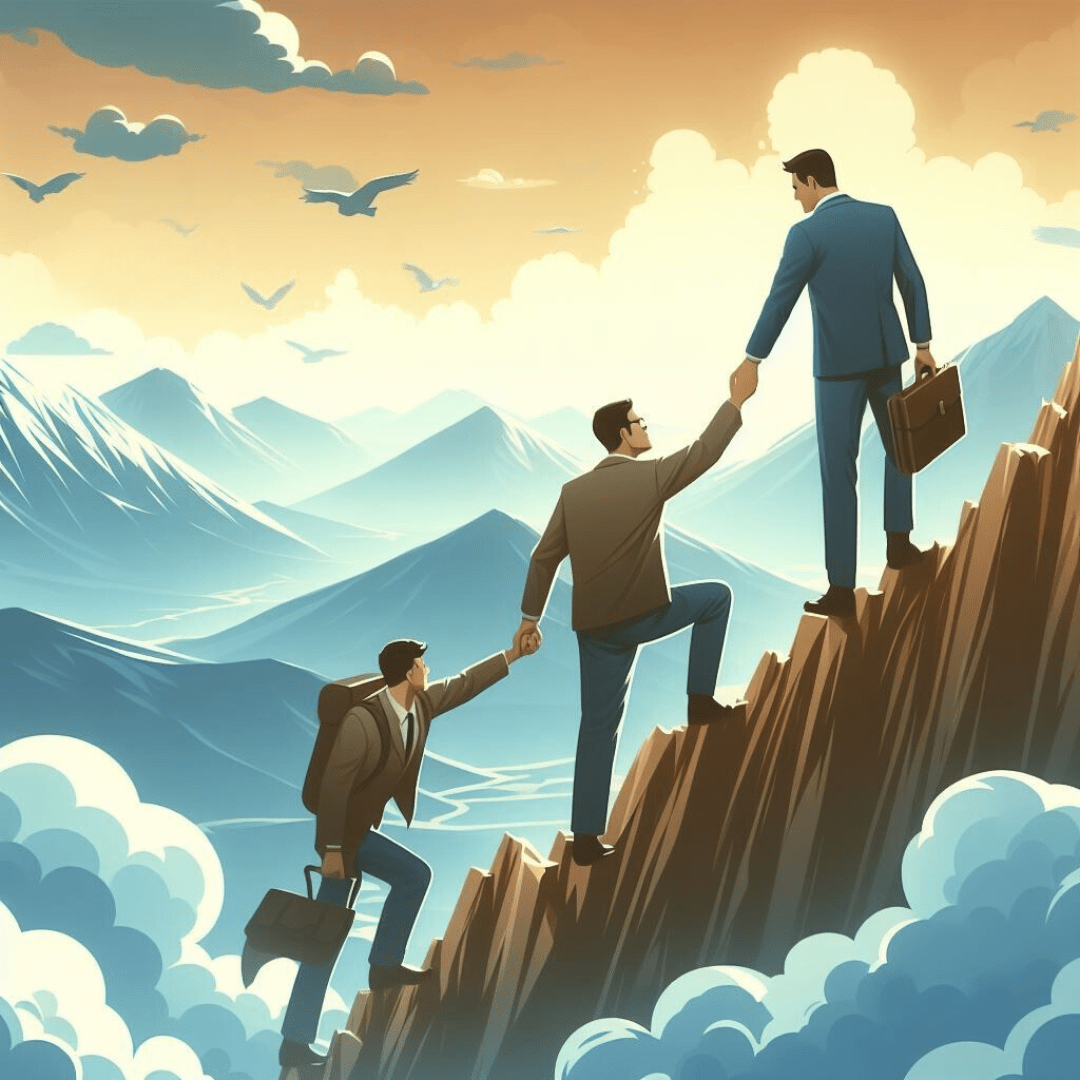 Purposeful leadership blog image. Shows a man in a suit helping others climb a mountain