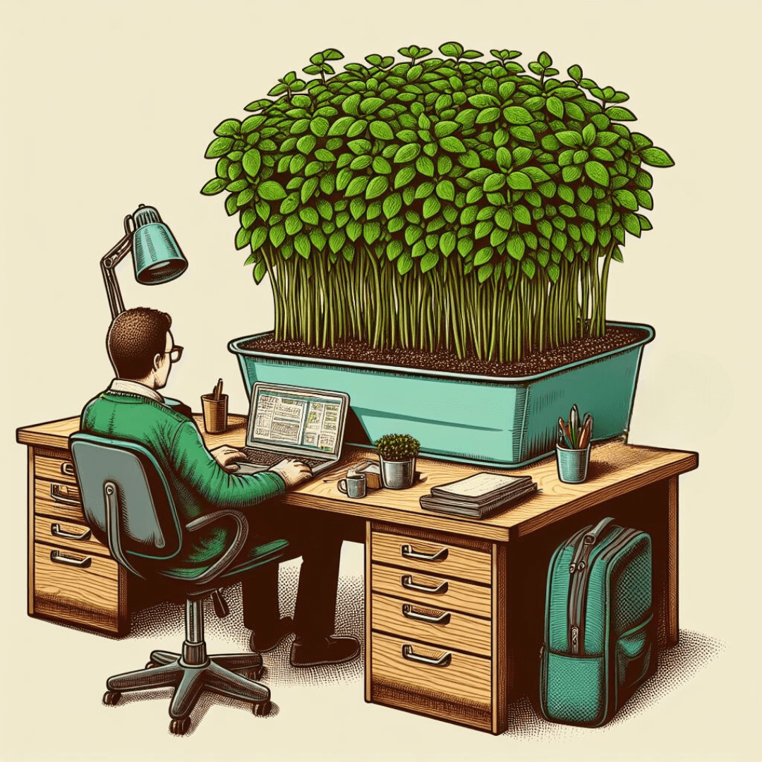 Hero image for the team thank you gifts blog, shows a man with a massive plant on his desk