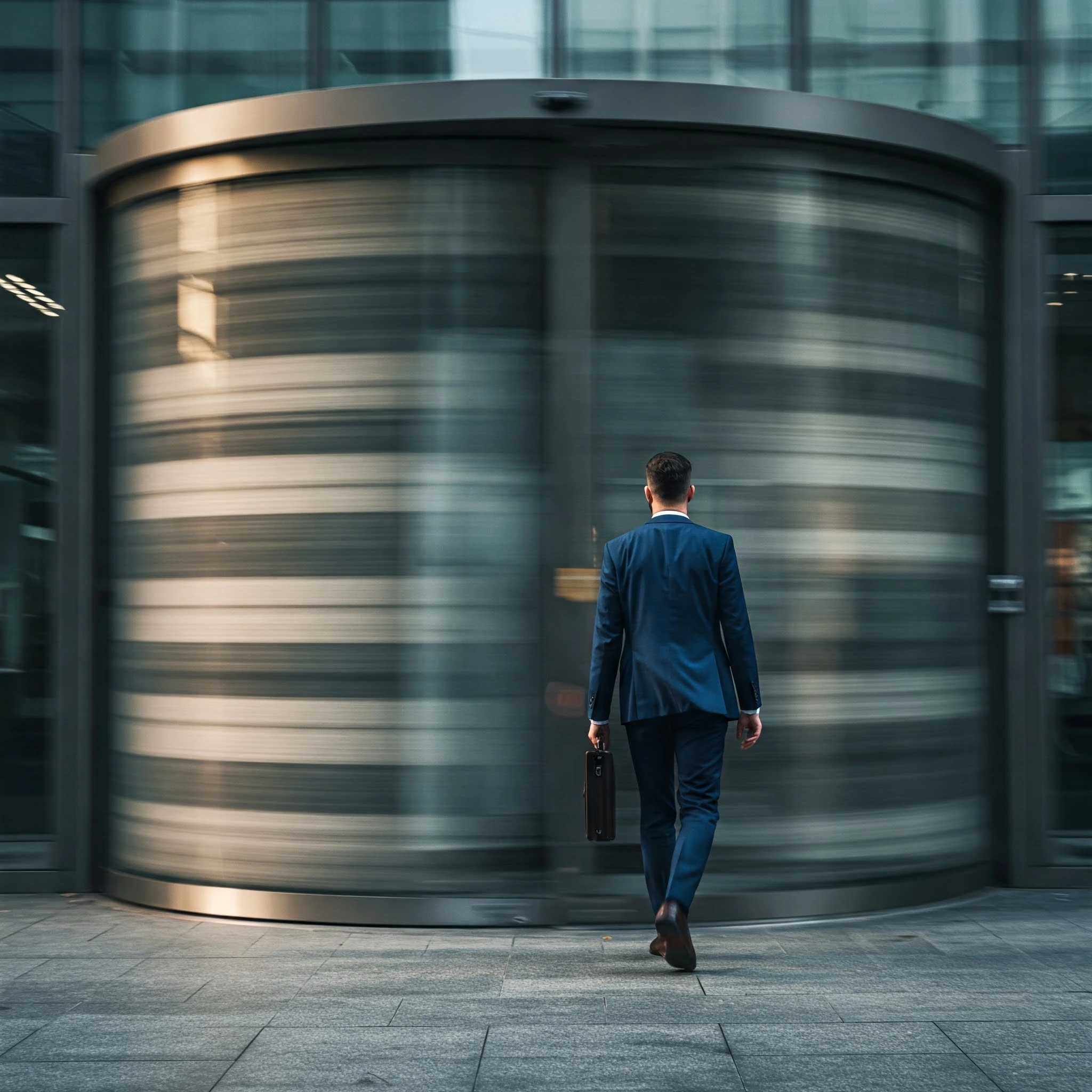 Employee retention blog hero image. Showing a worker approaching a rapidly spinning revolving door.